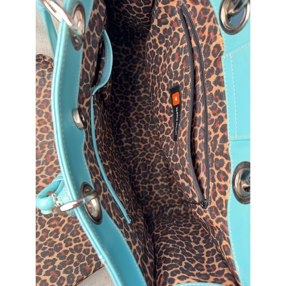 Wilsons Leather Turquoise Tote Shoulder Bag Crossbody Leopard Lining Insert - Picture 4 of 10